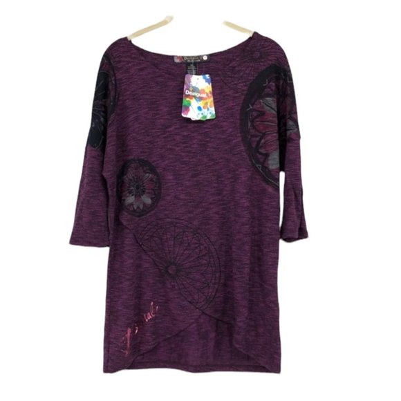 Desigual NWT Purple Heathered Regina graphic tulip hem 3/4 sleeve shirt SP - Picture 3 of 16